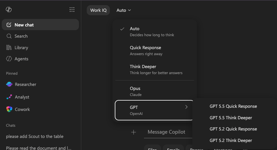 Choosing a model inside Microsoft Copilot, with GPT 5.5 and 5.2 options alongside Claude Opus