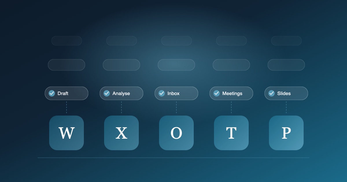 Microsoft 365 app tiles with everyday tasks lifting off them, done by Copilot